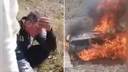 Piloto Jenrry Quispe llora tras ver cómo el fuego consume su auto en plena carrera de Caminos del Inca