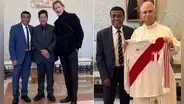 Teófilo Cubillas, Ricardo Gareca y Edwin Oviedo se reunieron con el papa León XIV y le regalaron histórica camiseta de la selección peruana