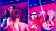 Captan tenso momento entre invitadas a la ‘casita’ de Bad Bunny al empujarse por salir en pantalla durante concierto