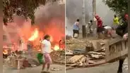 Fuerte incendio consumió vivienda cerca de un grifo en Los Olivos y moviliza a 5 unidades de bomberos: vecinos ayudan a apagar el fuego
