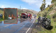 Chofer envuelto en llamas al incendiarse su taxi en carretera Puno-Juliaca