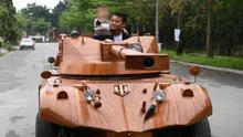 Hombre sorprende en YouTube tras convertir su furgoneta en un tanque de madera para su hijo