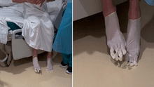 Paciente no tenía pantuflas y enfermera resuelve el problema colocándole guantes en los pies