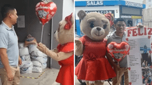 Mujer sorprende a su esposo con globos y muñeco de amor en la puerta de su trabajo: “¡Qué romántico!”