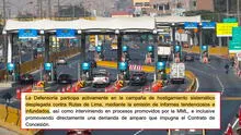 Rutas de Lima ante informe de Defensoría sobre peajes: “Está plagado de errores”