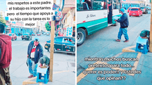 Padre supervisa que su hijo realice bien la tarea mientras trabaja como datero en una calle de Huancayo