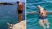 Adulto mayor y su perrito enternecen en redes al realizar clavados en el mar: “Una conexión especial”