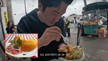 Coreano prueba comida callejera peruana y queda sorprendido con la papa rellena: "Me encantó"