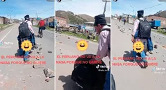 ¡Ingenio peruano! Hombre varado por manifestaciones traslada su pesado equipaje en una rueda