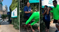 Mujer llora desconsoladamente al ver de nuevo a su perrito que se escapó afuera del Circuito Mágico del Agua