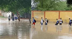 Escolares piuranos cruzan calles inundadas de agua y lluvias siguen afectando colegios