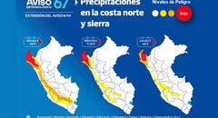 Se reporta lluvias con descargas eléctricas en la costa norte y sierra con umbral rojo de peligro