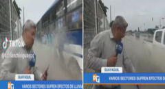 Reportero hace transmisión de inundación y bus pasa a toda velocidad por su lado: “Se empapó de información”