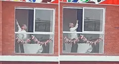 Adulta mayor baila marinera desde la ventana de su casa durante el Gran Desfile Militar