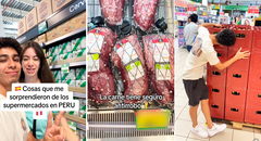 Español va a supermercado de Perú por primera vez y se sorprende al hallar carne con seguro antirrobo