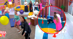 Almendra Gomelsky sufre aparatosa caída EN VIVO durante juego con Brunella Horna en 'América hoy'