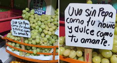 Comerciante peruana de uvas sorprende con ingenioso letrero: “Sin ‘pepa’ como tu novio”