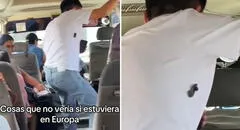 Peruano deja atónitos a usuarios al vestir polo con broche de seguridad en combi