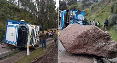 Chofer vuelca camión en la Carretera Central para esquivar roca gigante y se salva de milagro en Jauja
