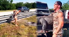Cazador de caimanes lucha descalzo por remover a imponente reptil de concurrida autopista de Florida
