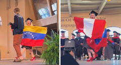 Venezolana se gradúa en EE. UU. y sorprende al alzar la bandera peruana como símbolo de gratitud