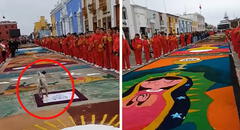 Perrito irrumpió durante Corpus Christi en Trujillo y caminó sobre alfombras decoradas con esmero