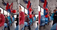 Hombre Araña sorprende a pasajeros tras colgarse de bus y bailar de cabeza: "Spider-Man lejos del paradero"