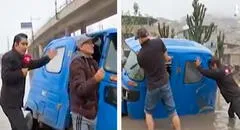 Reportero ayuda a empujar mototaxi a chofer durante transmisión en vivo tras quedar hundido en medio de aniego en Villa El Salvador