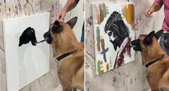 ¡No es IA! Perrito causa furor en redes tras 'pintar' a Jesucristo y la Virgen María: "Firulais Picasso"