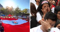 Peruanos alzan bandera peruana gigante y cantan a fuerte voz el himno nacional en EE.UU.