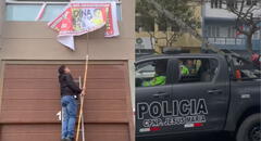 Dina Boluarte: policías vestidos de civiles retiran pancarta en contra de la presidenta durante el Desfile Cívico Militar