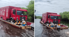 Captan a hombre trasladando en su lancha un camión de Coca Cola por el rio y redes estallan: "Llegó a más sitios que el sistema de salud"