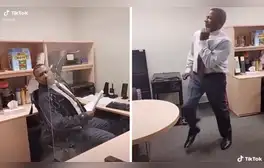 Desliza las imágenes para ver los increíbles pasos de baile que da el trabajador al escuchar un hit de los 90. Foto: TikTok