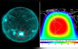 Momento en que el Sol expulsó la llamarada solar este 28 de octubre y el sector de la atmósfera donde el flujo de rayos X impactó con mayor intensidad. Imágenes: NASA / NOAA