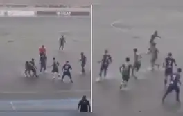 Liga 2: jugadores disputan un partido en medio de una cancha inundada por fuertes lluvias
