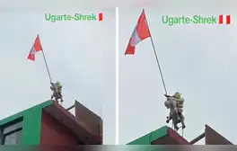 Peruano coloca bandera en su casa por Fiestas Patrias, pero reemplaza a Alfonso Ugarte por Shrek