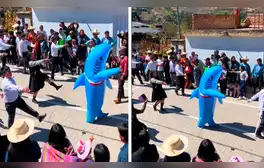 Hombre en Perú sorprende al salir disfrazado de tiburón para desfilar por Fiestas Patrias