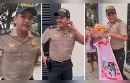 Policía es sorprendido con romántico regalo, pero su reacción impacta en redes: "Ven para acá"