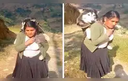 Adulta mayor lleva cargado en su espalda a su perro enfermo hasta la ciudad en busca de veterinario