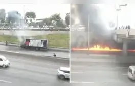 Tráfico bloqueado en Panamericana Norte por incendio de camión de gaseosa cerca del óvalo Naranjal