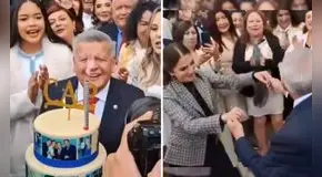 César Acuña aplaza conferencia de prensa para celebrar su cumpleaños y bailar con funcionarias