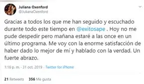 Juliana Oxenford agradece el apoyo de sus seguidores tras ser despedida de Exitosa