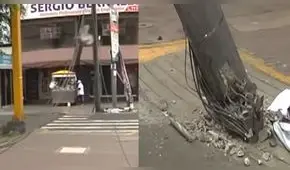 Lince: poste de luz podría caer tras impacto de camión de carga