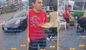 Peruano visita a sus amigos en su lujoso Porsche para comer ceviche de pota en carretilla