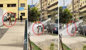 Hombre aprovecha que aparece un camión cisterna para tomar una ducha en plena vía pública