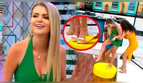 Brunella Horna pasa bochornoso momento en vivo luego de que sus zapatos quedaran pegados al suelo