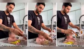 Padre lava los platos mientras baña a su bebé y usuarios quedan en shock: "Ahorro es progreso"