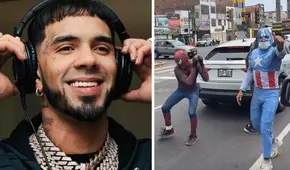 Anuel AA impresionado con show de artistas disfrazados de Avengers bailando en calles de Perú
