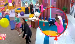 Almendra Gomelsky sufre aparatosa caída EN VIVO durante juego con Brunella Horna en 'América hoy'