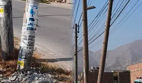 Poste a punto de caer pone en riesgo a vecinos de Chosica: solo se sostiene con los cables de luz